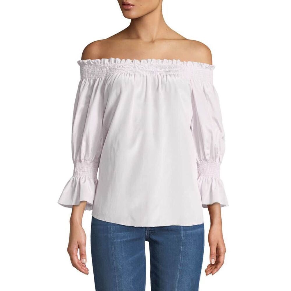 7 For All Mankind Women's Off Shoulder Smocked Flouncy Sleeves Purple Top S NWT
